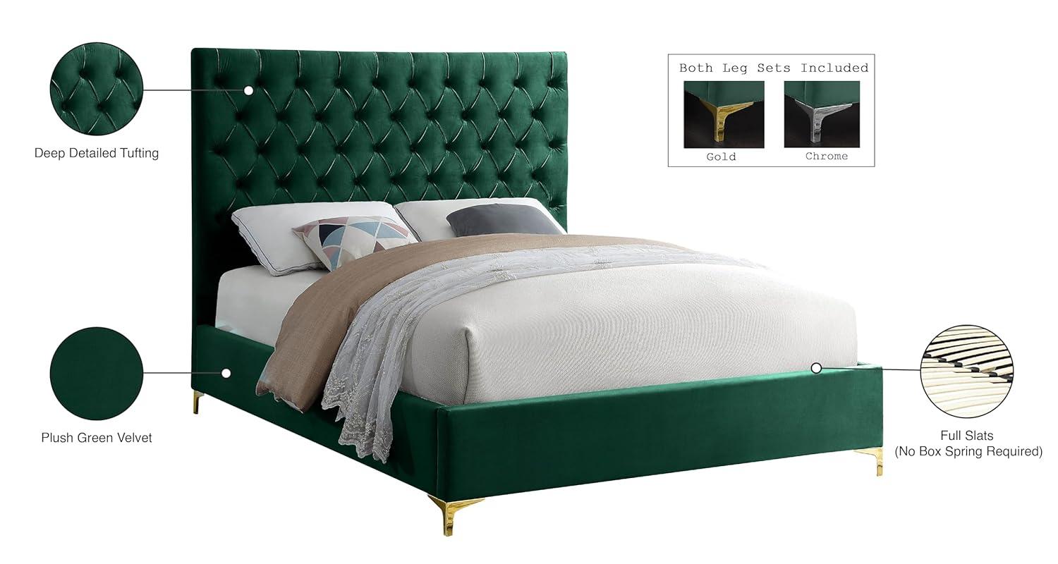 Meridian Furniture Cruz Solid Wood Tufted Velvet King Bed in Green