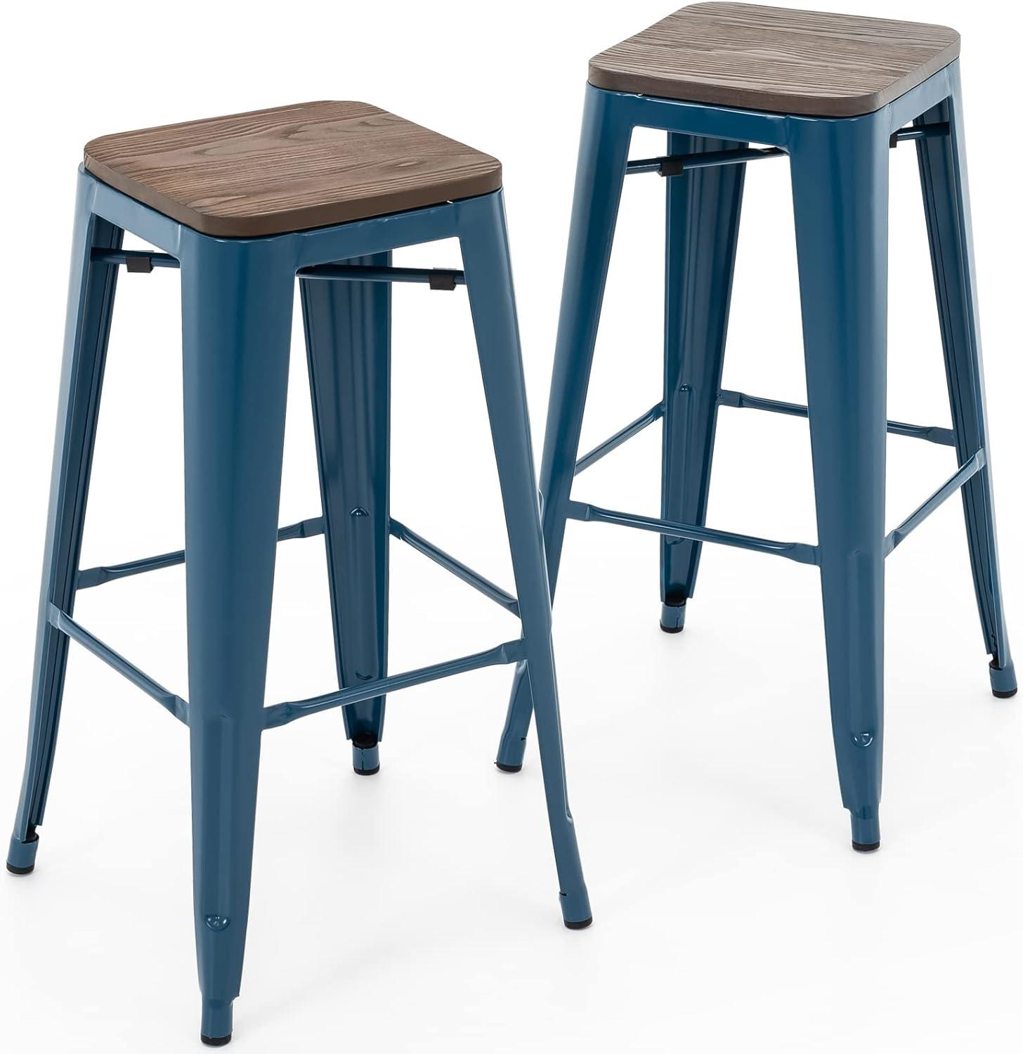 Deep Blue 30" Metal Bar Stools with Elm Wood Seat, Set of 2