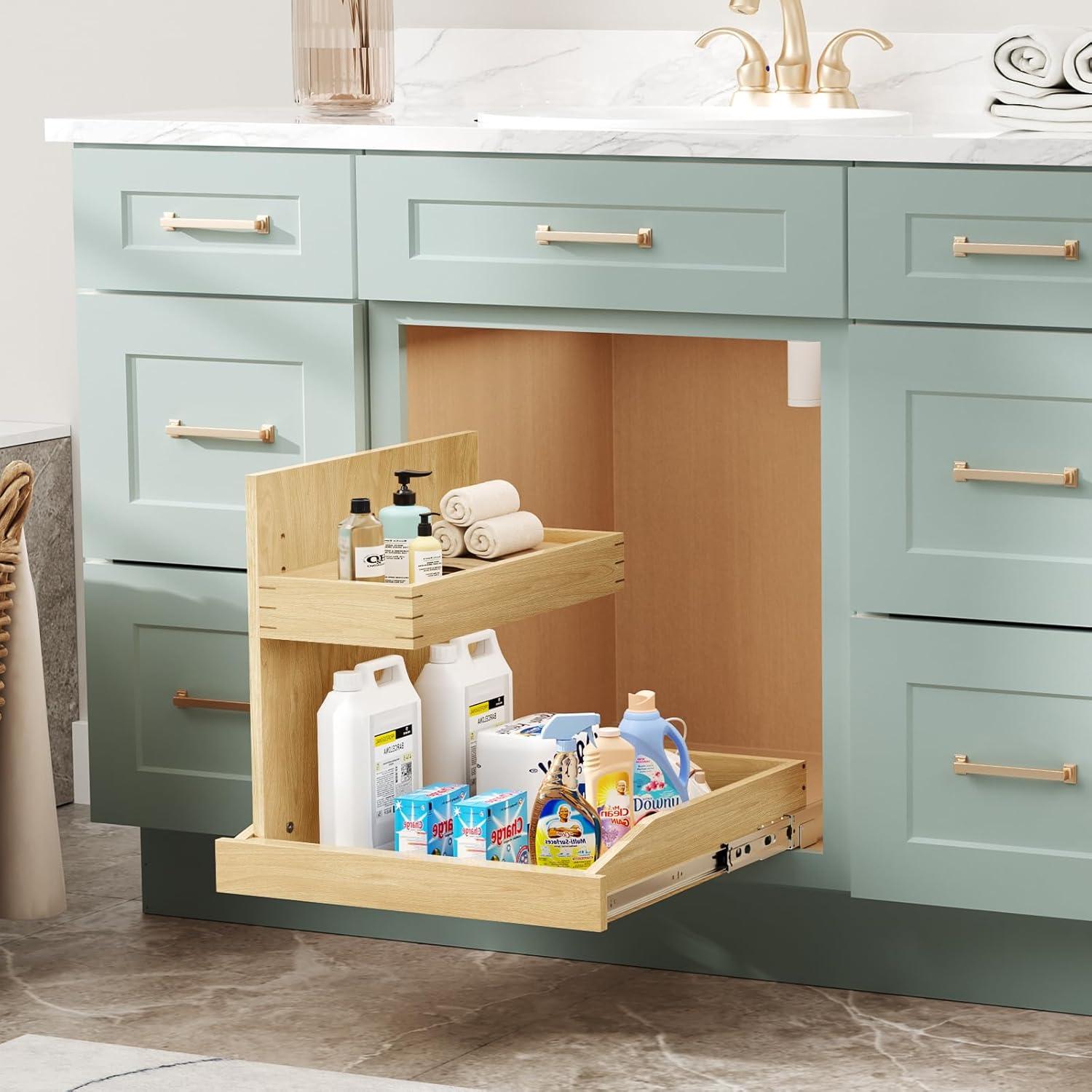 Under Sink Organizers , 2 Tier Pull Out Cabinet Organizer with Soft Close, Adjustable Multi-Purpose Under Sink Organizer(Left)