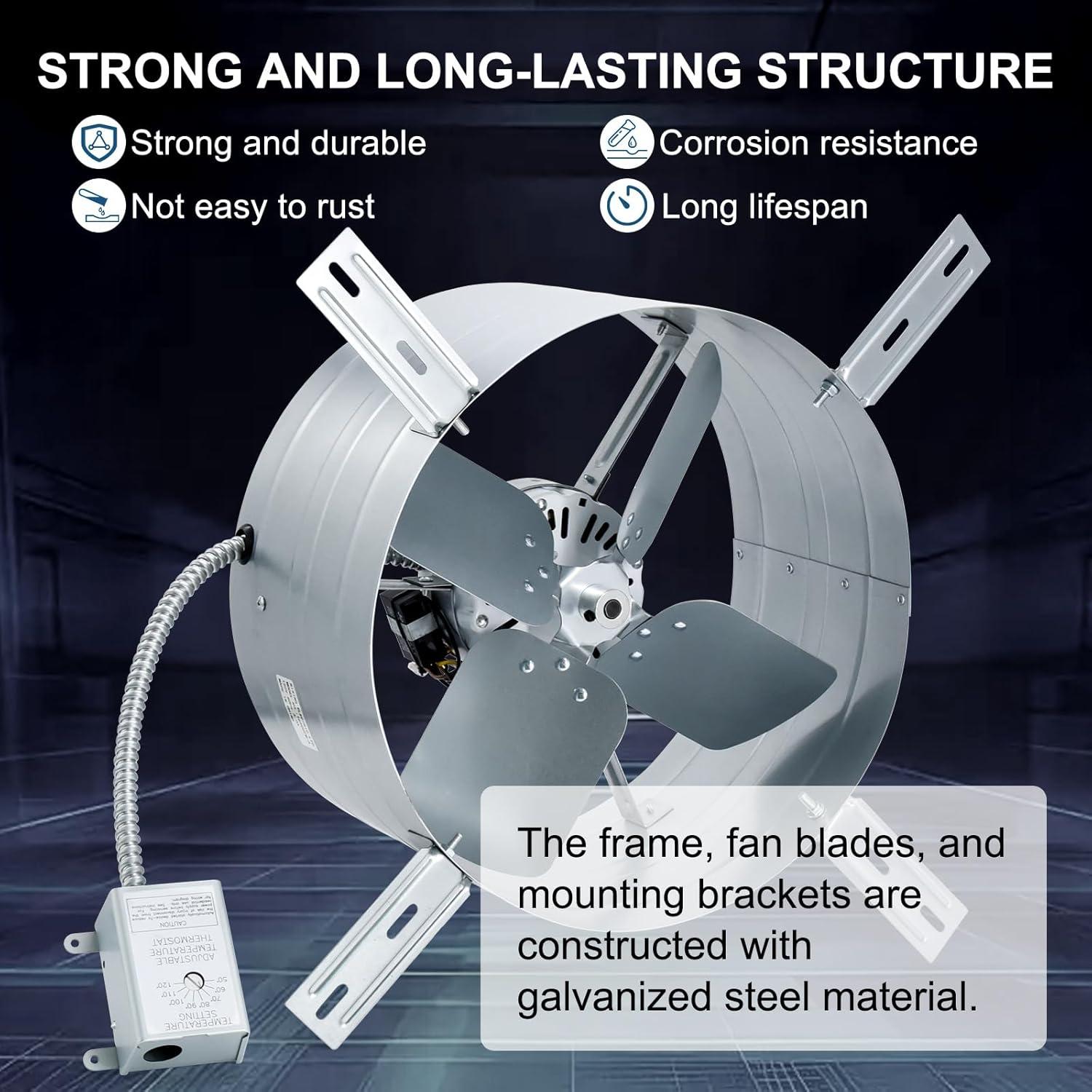 Criditpid 15" Gable Mount Vent Attic Fan, Exhaust Ventilation Fan with Adjustable Thermostat for Gable, Home, Shed, Garage, Portable Building, 3.4A, 1300CFM, 1075RPM, 1850 Sq.Ft Coverage Area.