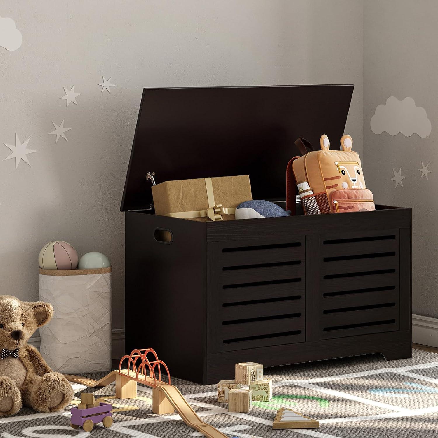 DINZI LVJ Storage Chest, Flip-Top Wooden Toy Box with 2 Safety Hinges, Retro Entryway Shoe Bench, Sturdy Large Storage Trunk for Living Room, Bedroom, Toddler Room, Easy Assembly, Rustic Brown