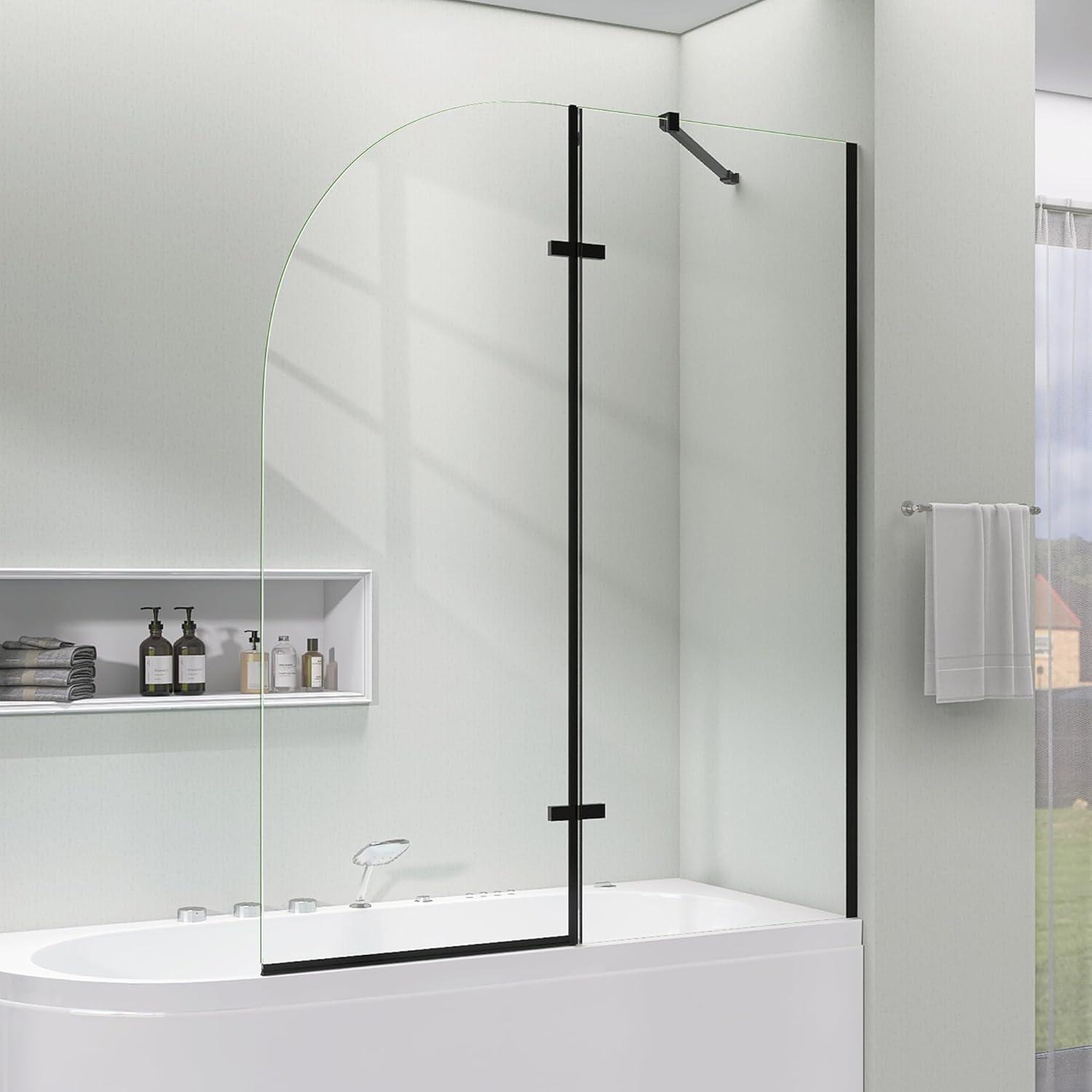 48" W X 58" H Folding Swing Frameless Bathtub Door For Shower With Tempered Glass Pivot Glass Shower Door For Tub With Support Bar