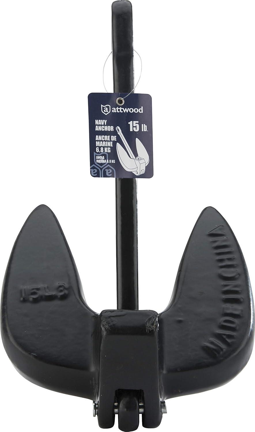 Attwood 9934B1 Solid Cast Iron 15-Pound Navy Boat Anchor, Black PVC-Coated, Boat Accessories