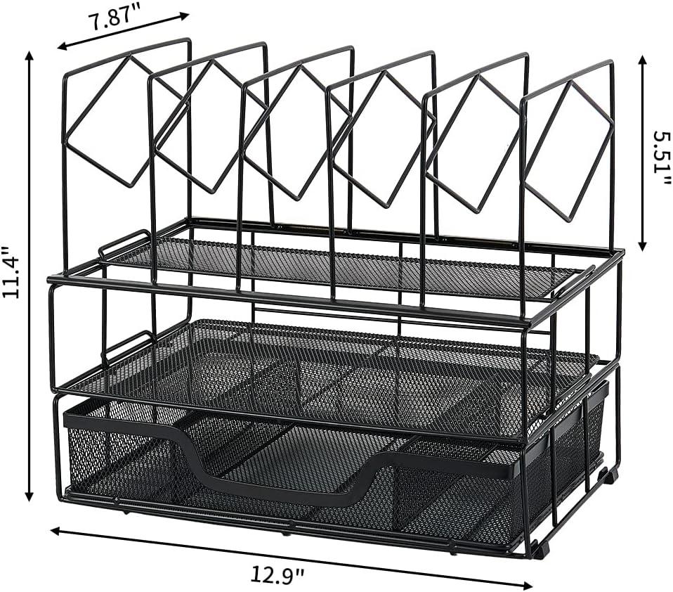 Black Metal Multifunctional Desk Organizer with Double Tray and 5 Upright Sections