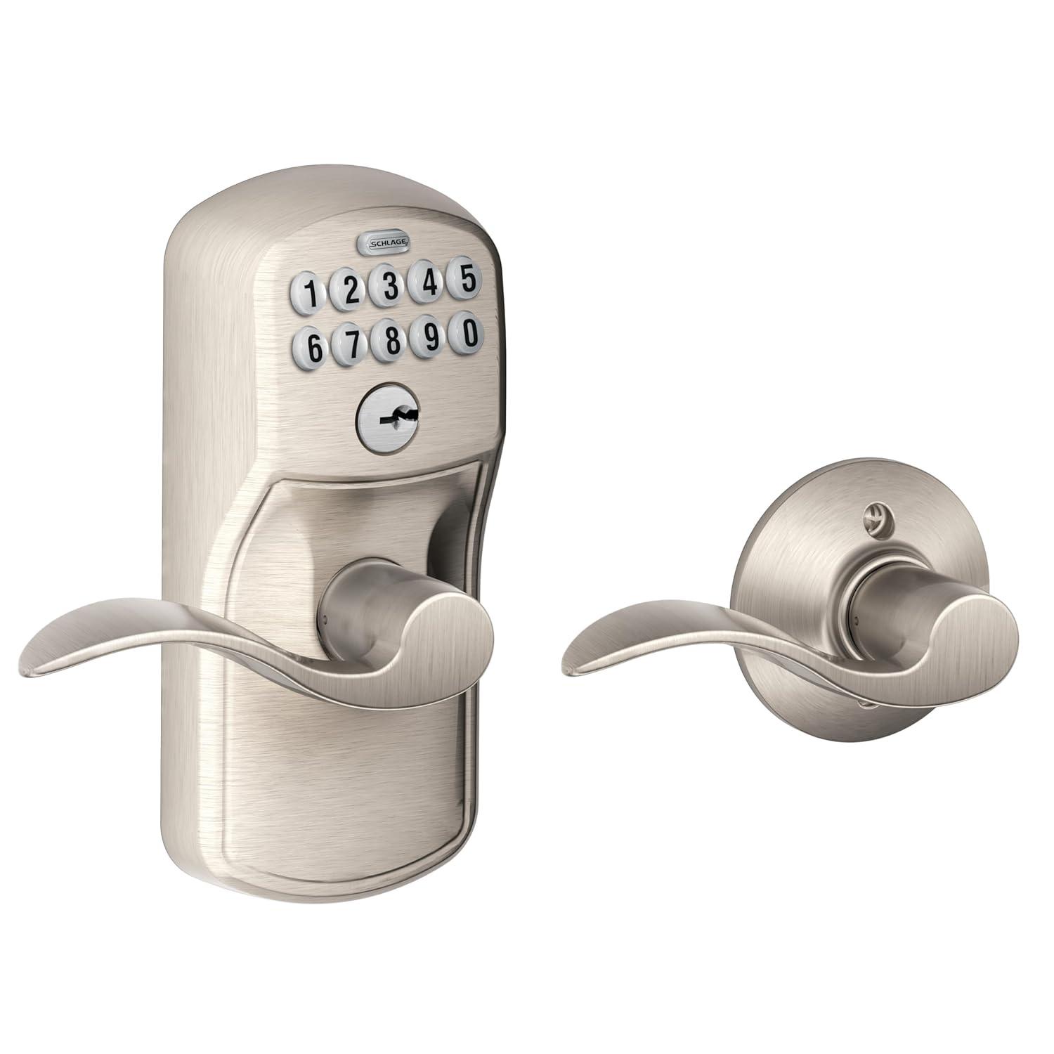 Satin Nickel Accent Keypad Entry Lever with Plymouth Trim
