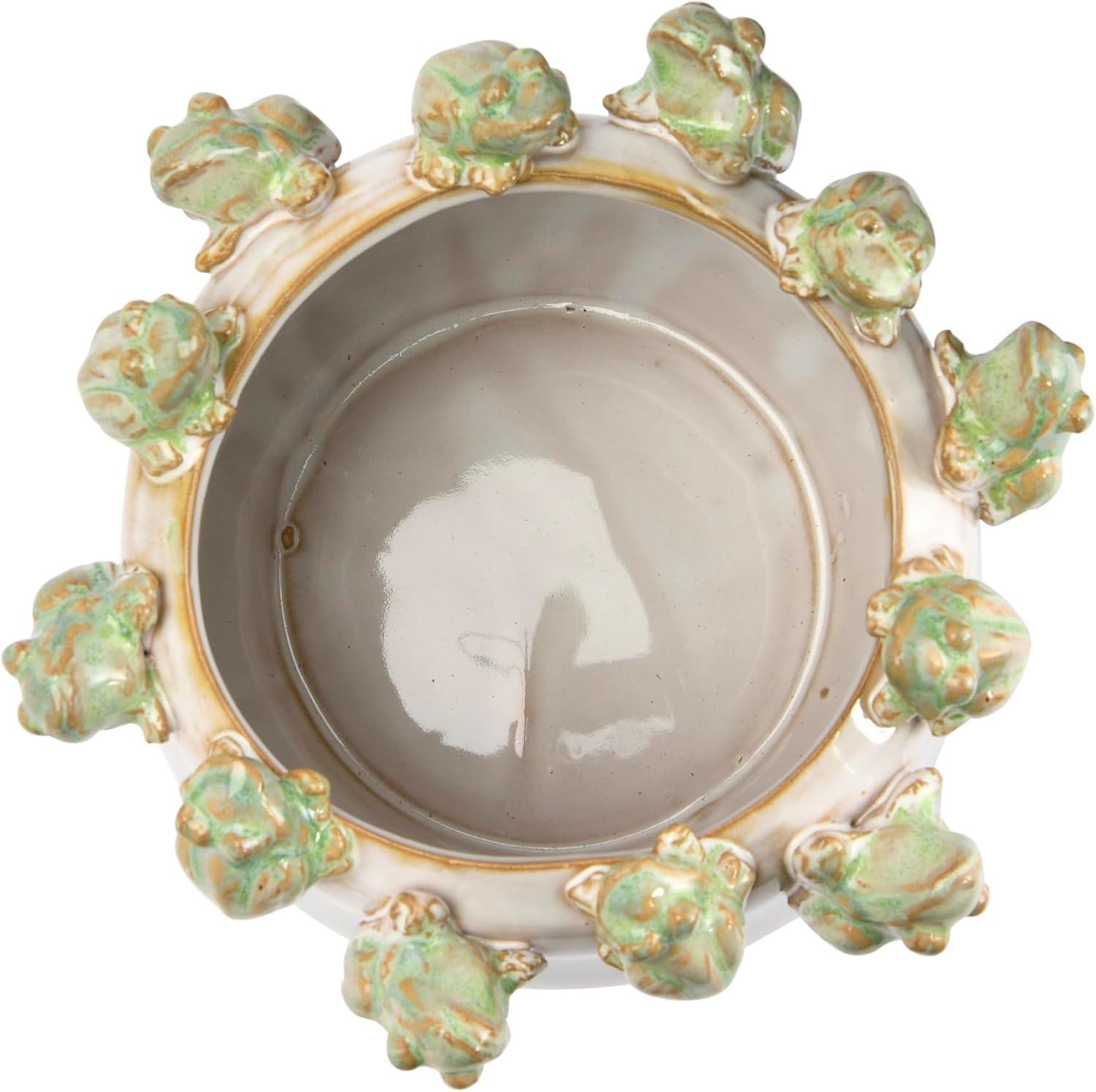 Creative Co-Op Decorative Stoneware Planter with Frog Figurine Rim, White and Green