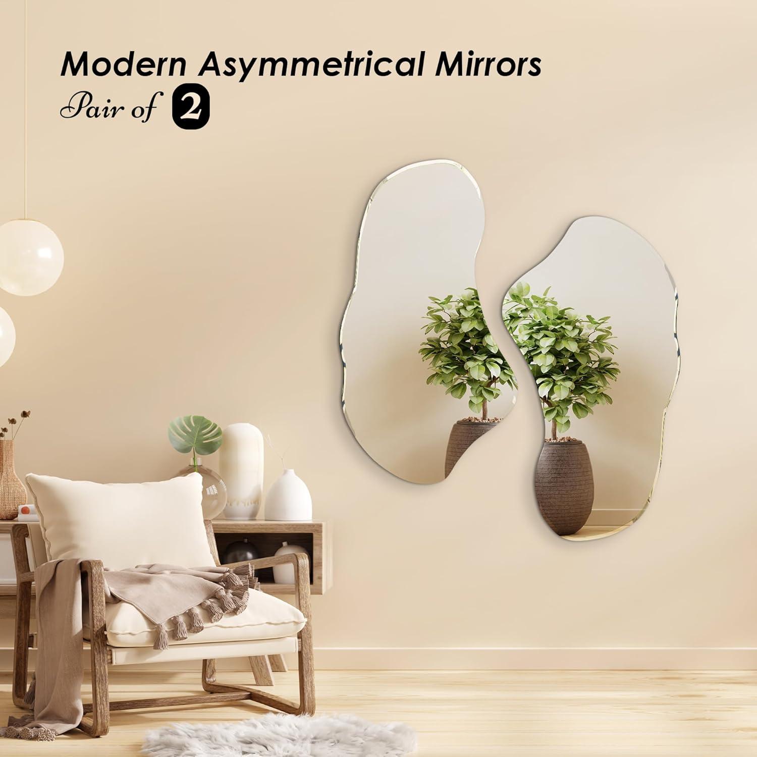 Irregular Wall Mirror, Set of 2, 31.5 x 17.5, Asymmetrical Curvy Groovy Blob Decor for Living Room Entryway Bathroom