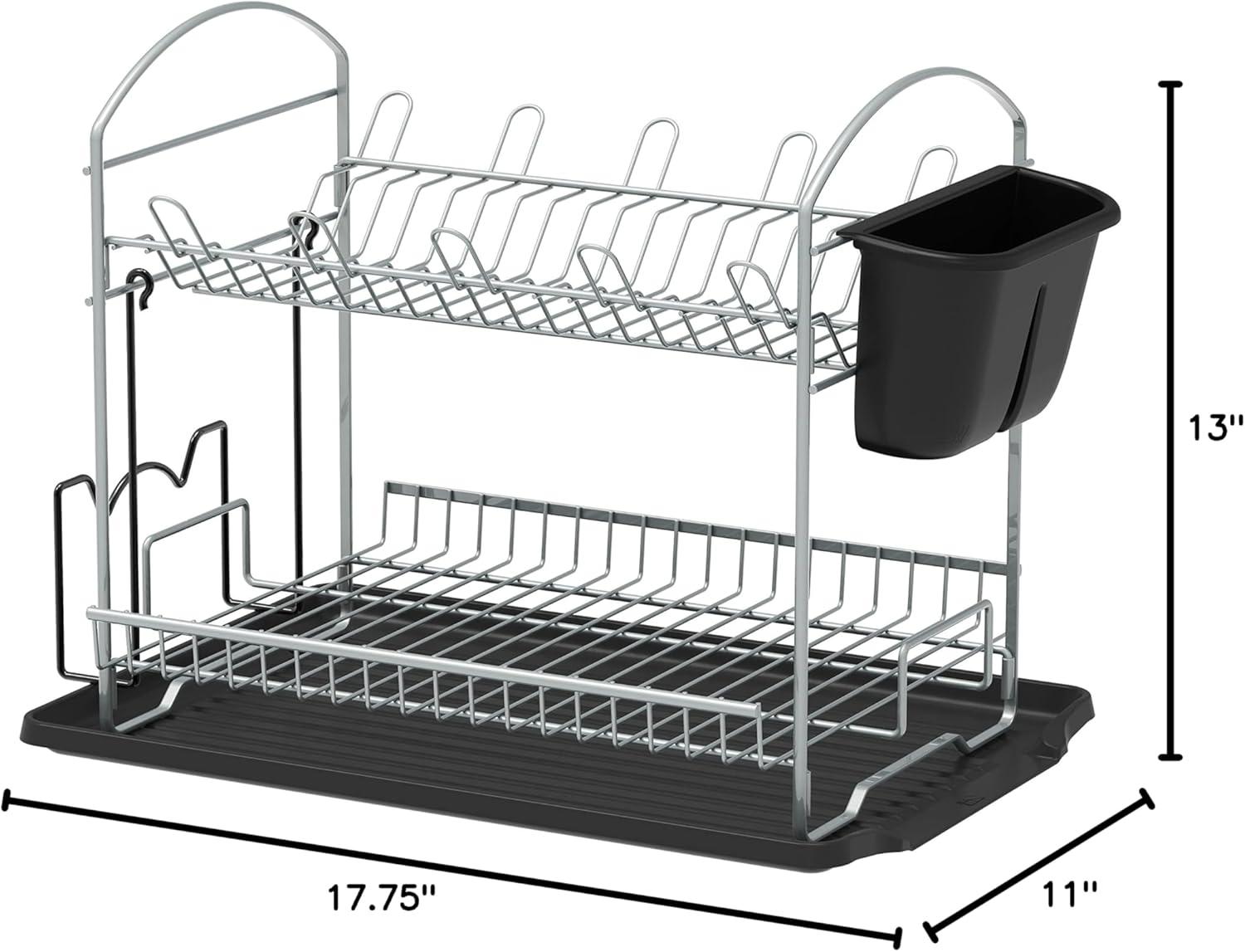 Silver Foldable 2-Tier Metal Dish Rack with Drainboard