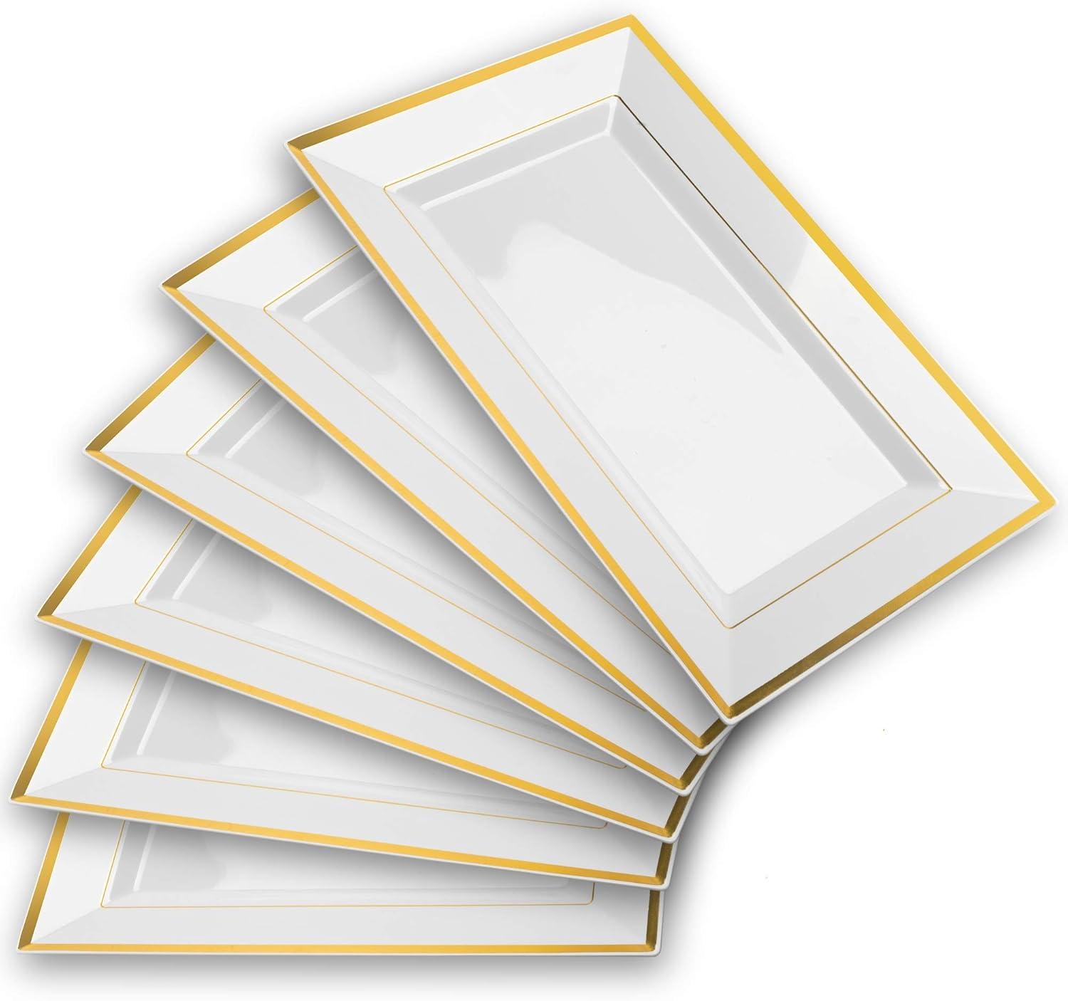 Elegant White and Gold Rim Plastic Serving Tray Set (6 Pack)