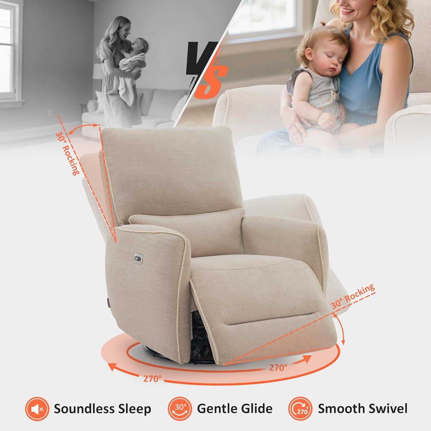 Power Swivel Glider Power Recliner Chair, Electric Rocker Recliner Chairs with USB Ports For Nursery, Fabric