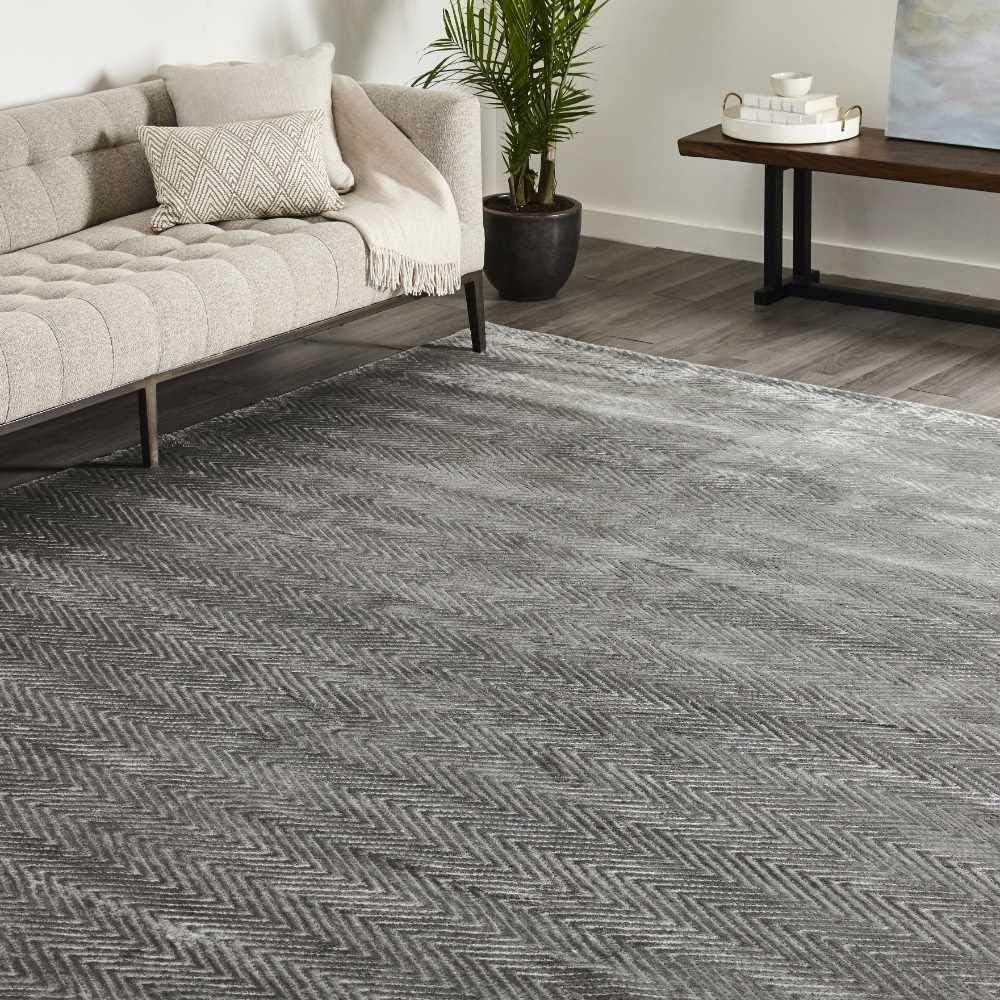 Charcoal Herringbone Hand-Knotted Viscose 8' x 10' Area Rug