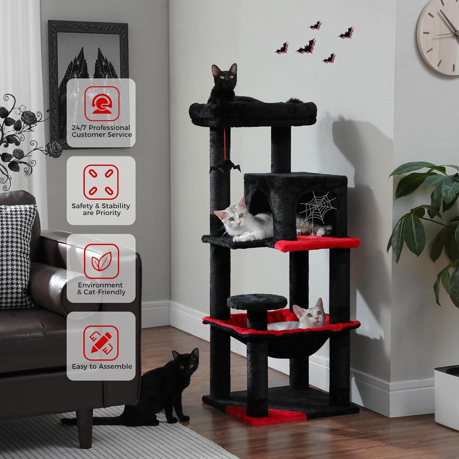 Gothic Cat Tree With Super Large Hammock, Cat Tower With Coffin Bed, Cat Condo, Sisal Scratching Posts & Top Perch, Multi-Level Goth Cat Tree, Halloween