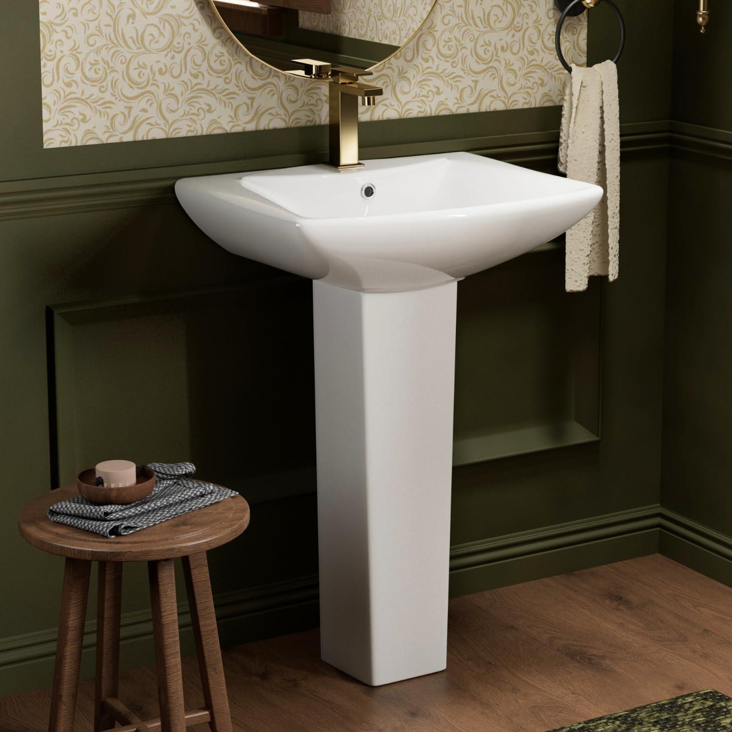 Classic Vintage Bathroom Pedestal Sink, Los Flexi 23"W x 19"D White Ceramic Freestanding Sinks for bathrooms, Overflow, 3 Pre-Drilled Holes for 4-Inch Faucets, Easy Install
