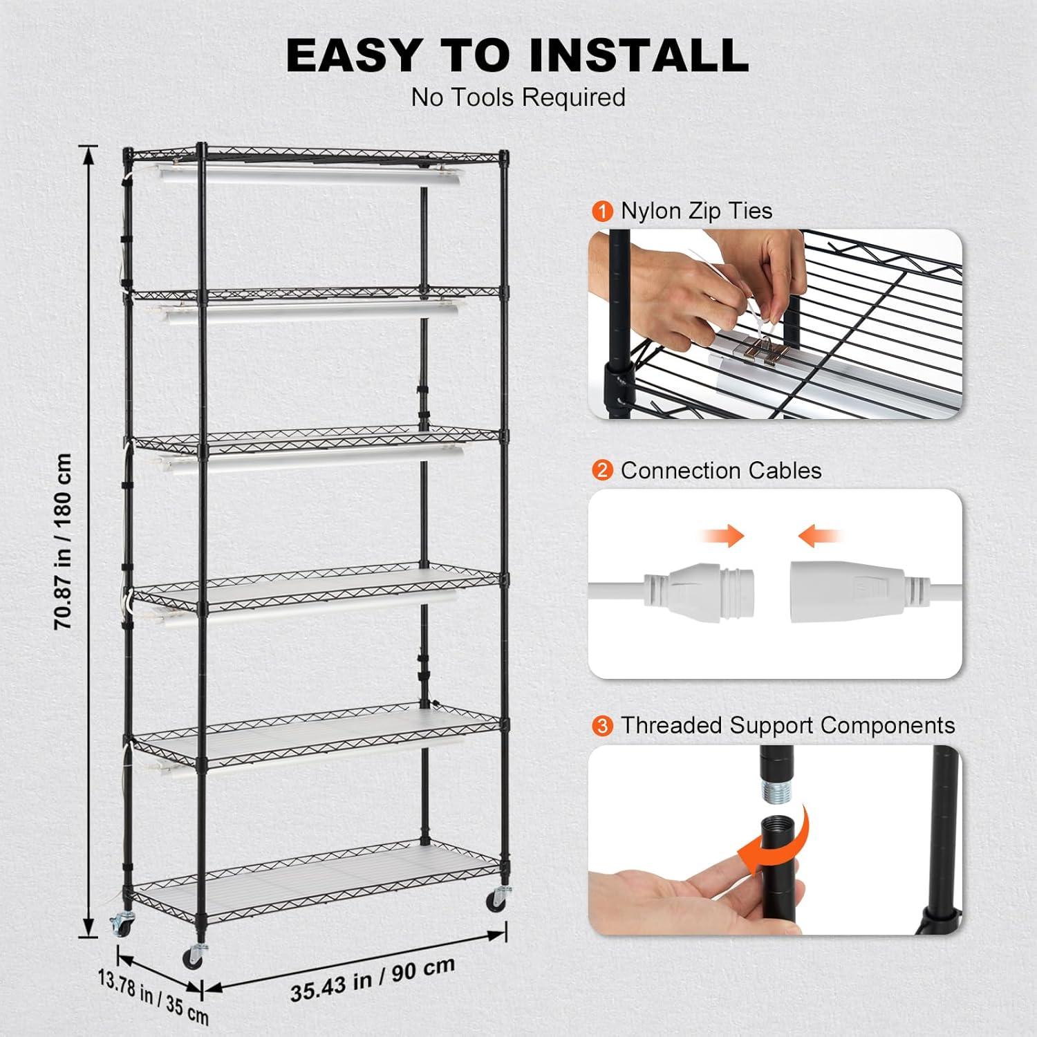 Black Steel 6-Tier Plant Shelf with LED Grow Lights