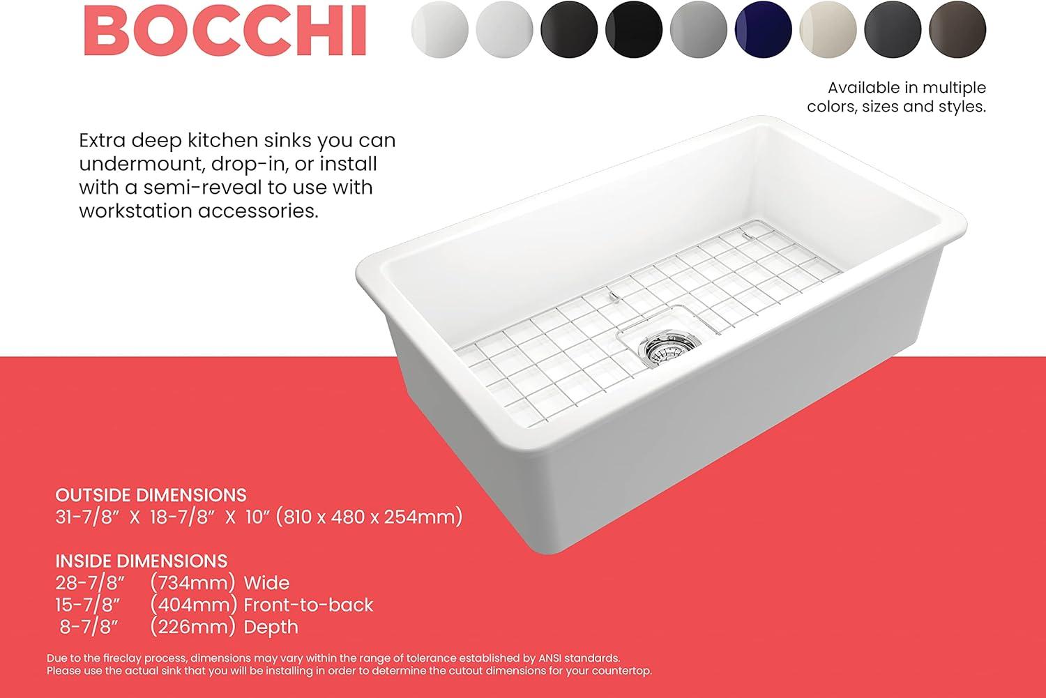 BOCCHI Sotto Undermount Fireclay 32 in. Single Bowl Kitchen Sink with Protective Bottom Grid and Strainer in Matte White