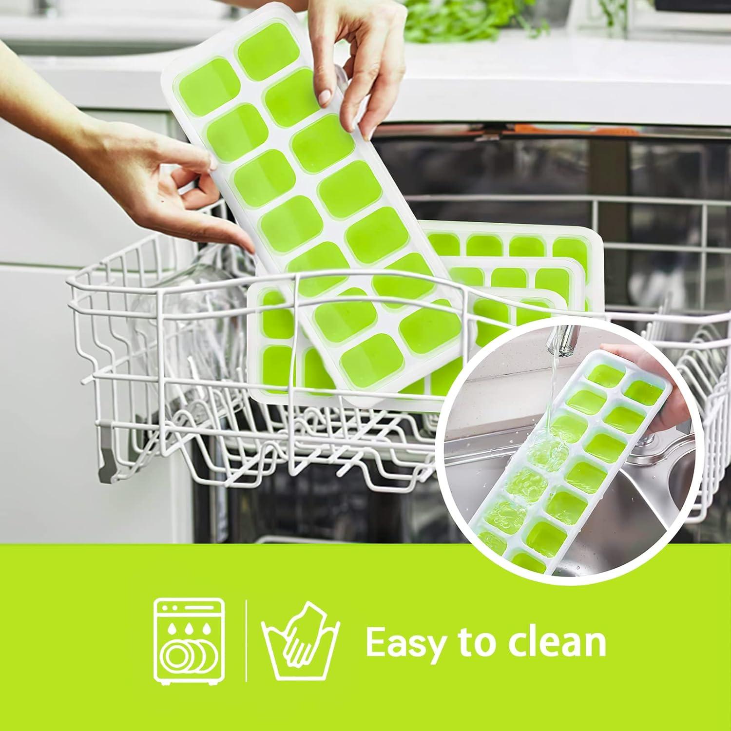 4 Bandejas de Hielo, Silicona con Tapa Extraíble, Bandejas de 14 Hielos Flexibles de Fácil Liberación, Moldes de Hielo Duraderos, Fundas Apilables y Extraíbles para Cócteles, Congeladores y Cervezas