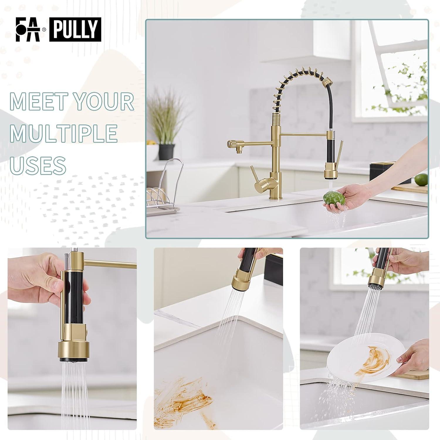 Contemporary Kitchen Sink Faucet, Single Handle Brass Spring Kitchen Faucet with Pull Down Sprayer, Rotatable Pull-Out Kitchen Mixer Tap, Brushed Gold