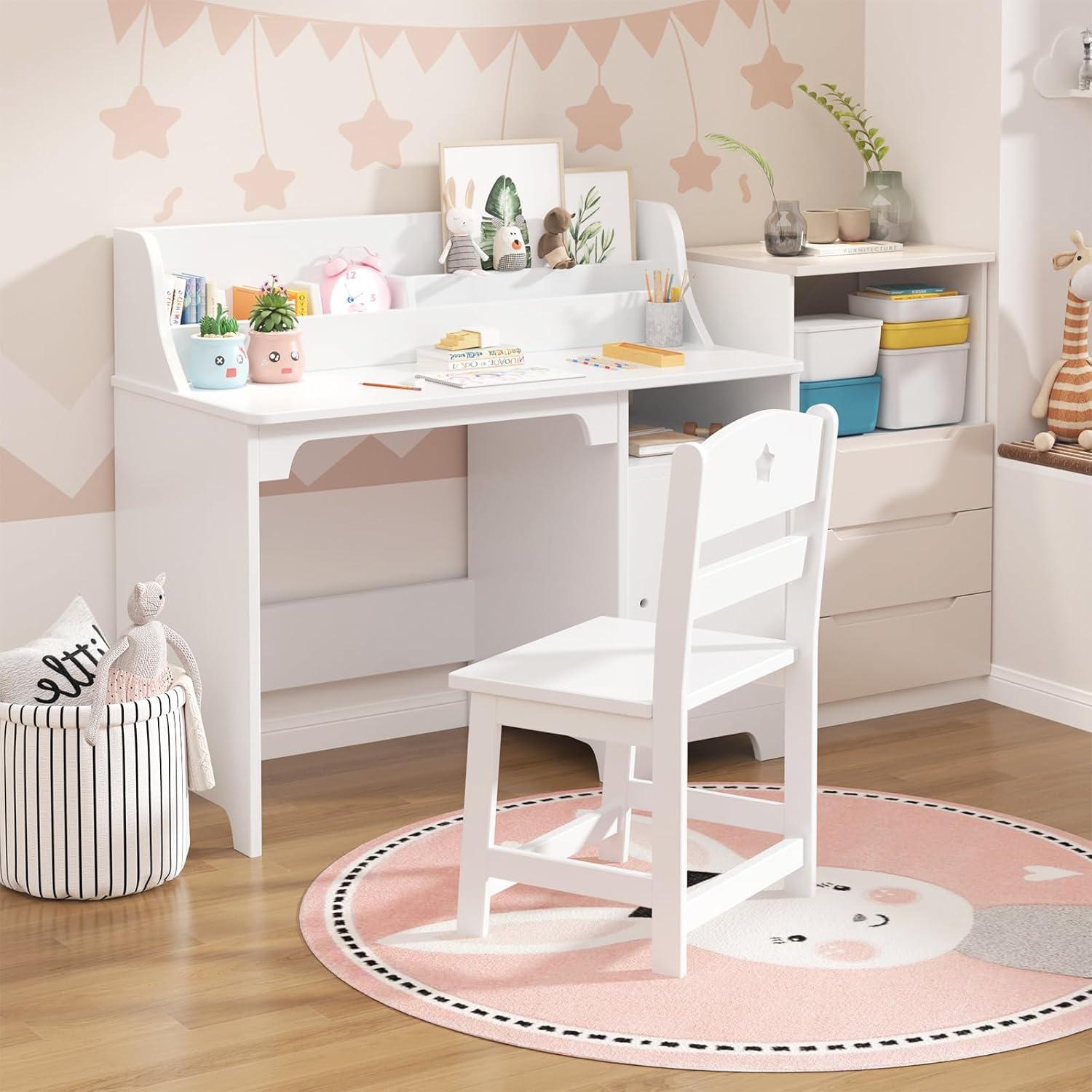 EastVita Kids Desk and Chair Set,Study Desk for Kids with Hutch, Storage Cabinet, Wooden Children Study Table, Student Writing Desk Computer Workstation