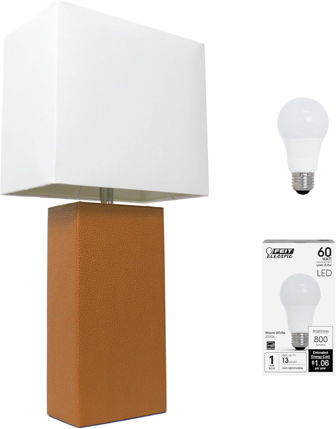 Elegant Designs 21" Tan Leather Wrapped Table Lamp with LED Bulb