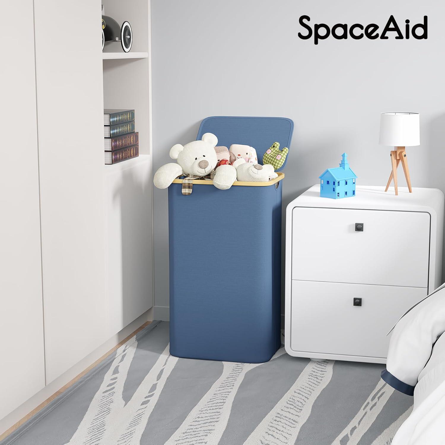 110 L Laundry Hamper with Lid,features Bamboo Handle,Blue