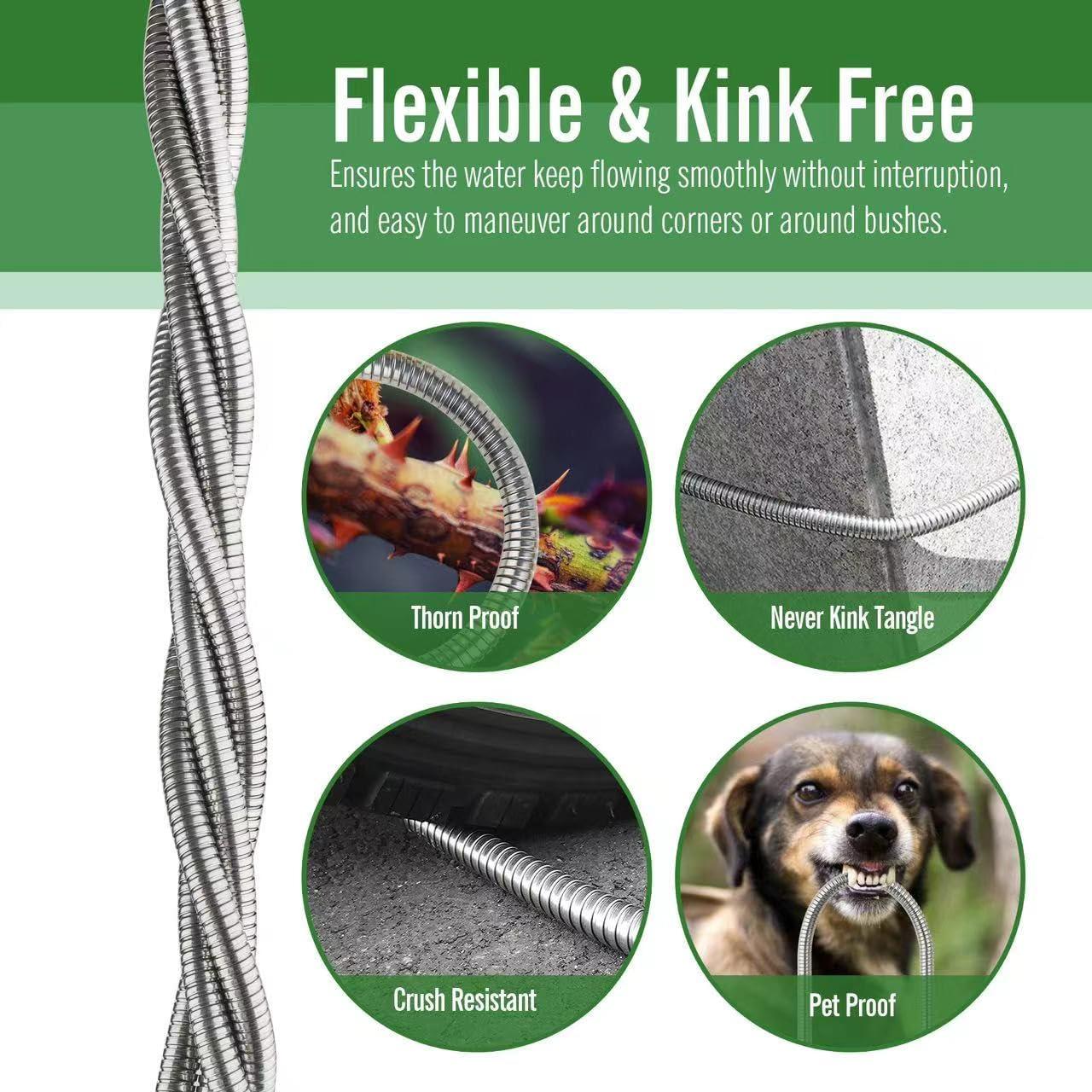 SKYWARD 304 Stainless Steel Garden Hose with Brass Garden Hose Nozzle, Anti-Leakage, Flexible & Lightweight Kink Free Water Hose, Easy to Use & Store (100ft)