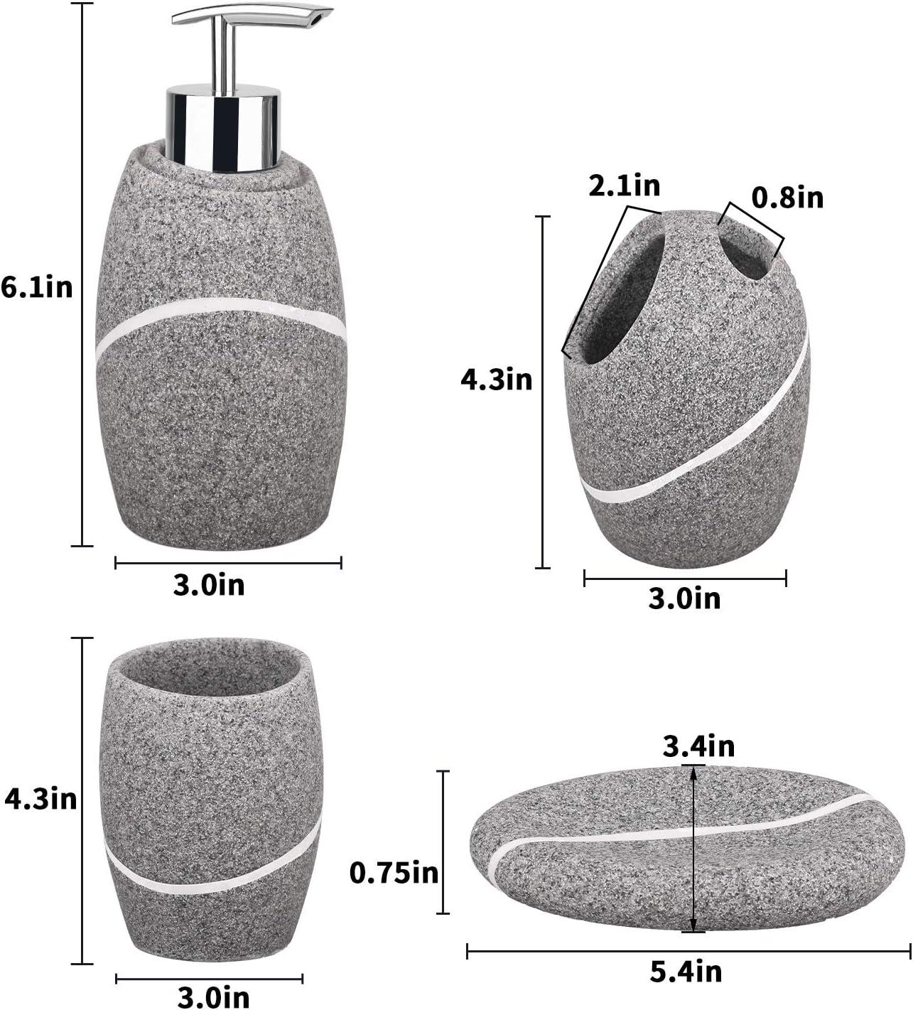 Bathroom Accessory Set,4 Pieces Bathroom Decor Accessories Complete Set Vanity Countertop Accessory Set,Includes Bathroom Soap Dispenser Set,Toothbrush Holder Set,Tumbler,Soap Dish,Grey Granite