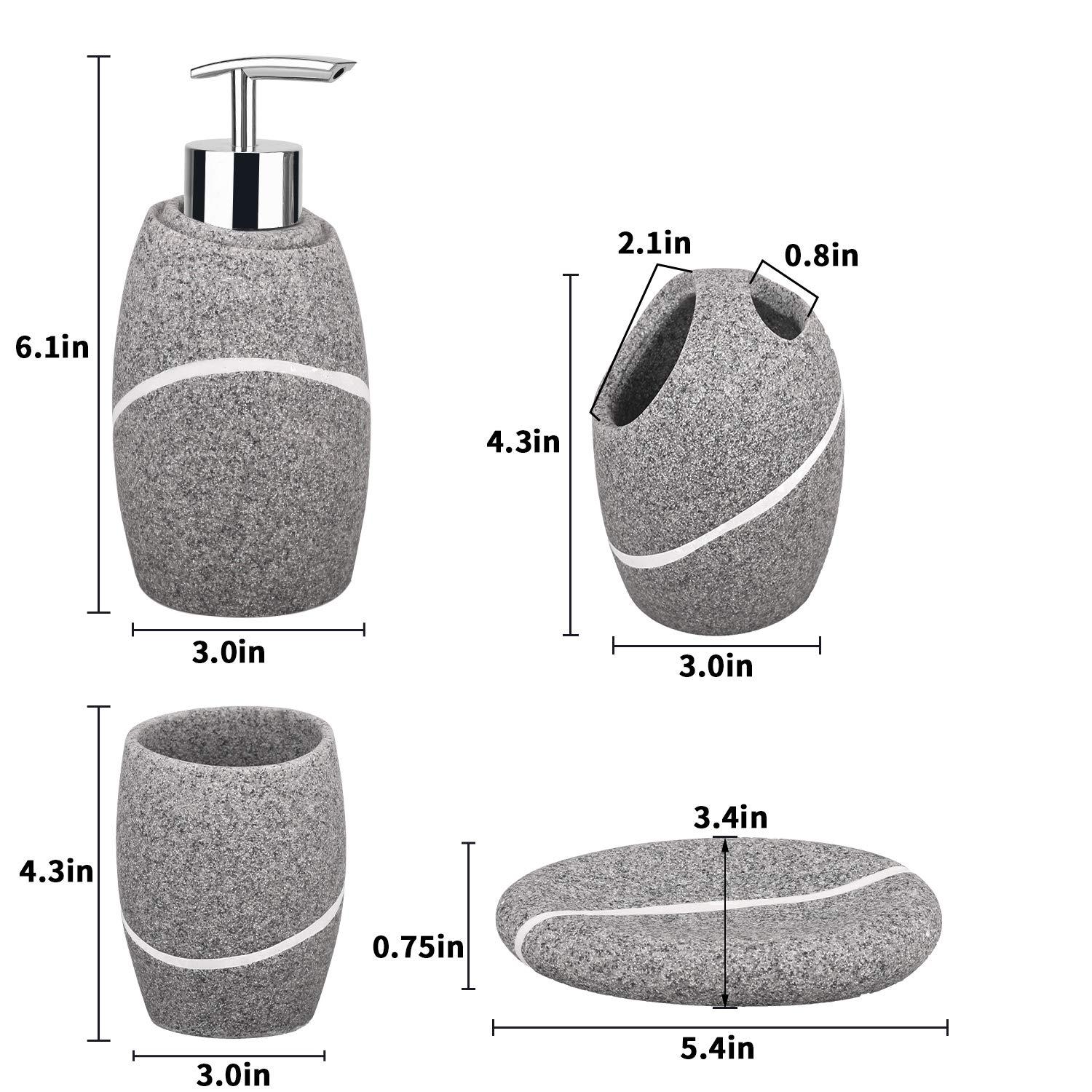 Bathroom Accessory Set,4 Pieces Bathroom Decor Accessories Complete Set Vanity Countertop Accessory Set,Includes Bathroom Soap Dispenser Set,Toothbrush Holder Set,Tumbler,Soap Dish,Grey Granite