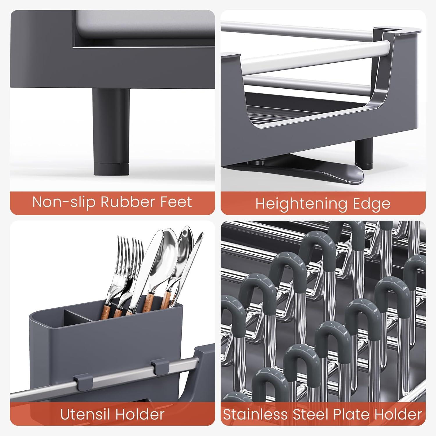 TOOLF Extendable Dish Rack, Dual Part Dish Drainers with Non-Scratch and Movable Cutlery Drainer and Drainage Spout, Adjustable Dish Drying Rack for Kitchen, 1 Piece White