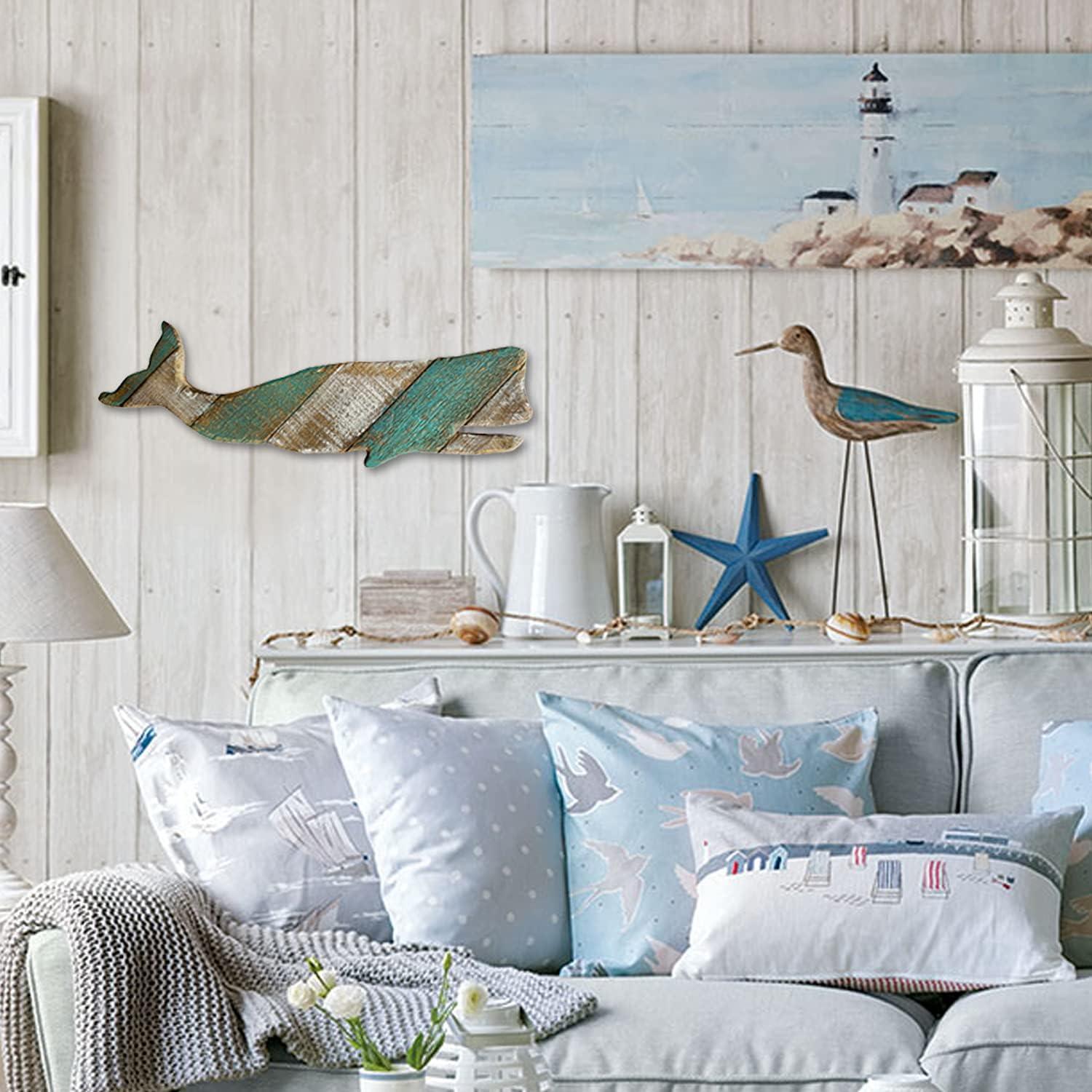 Rustic Wooden Nautical Hanging Handcarved Whale Wall Decor, Distressed Whale Wall Sculpture Indoor Outdoor Beach Themed Decoration 16''H
