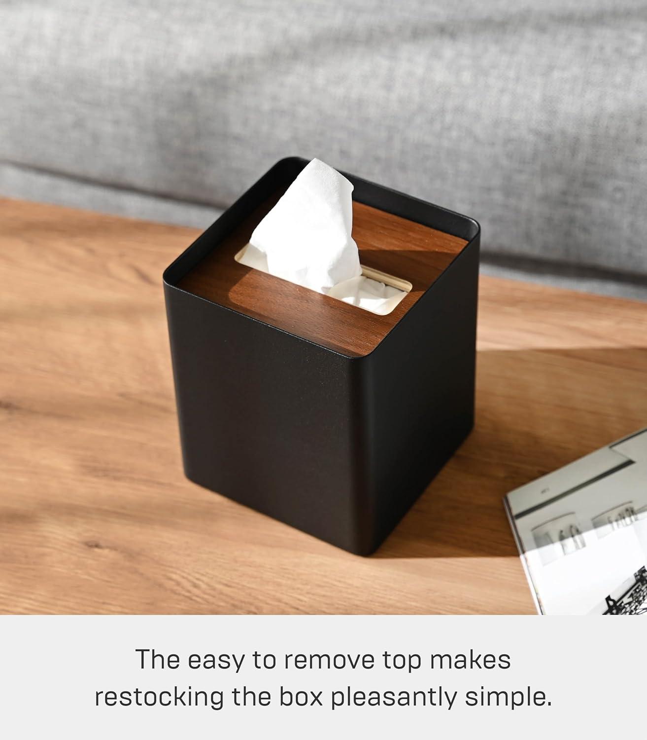 Yamazaki Home Tissue Box Cover - Square, Walnut, Steel, Lid, No Assembly