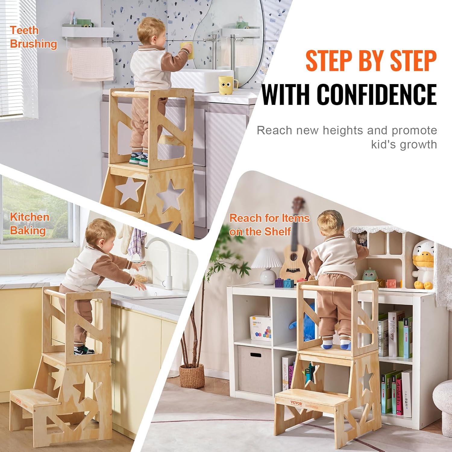 Toddler Step Stool 150lbs. Load Natural Pine Wood Toddler Stool Helper with Safety Rail for Bedroom Bathroom Kitchen Kid