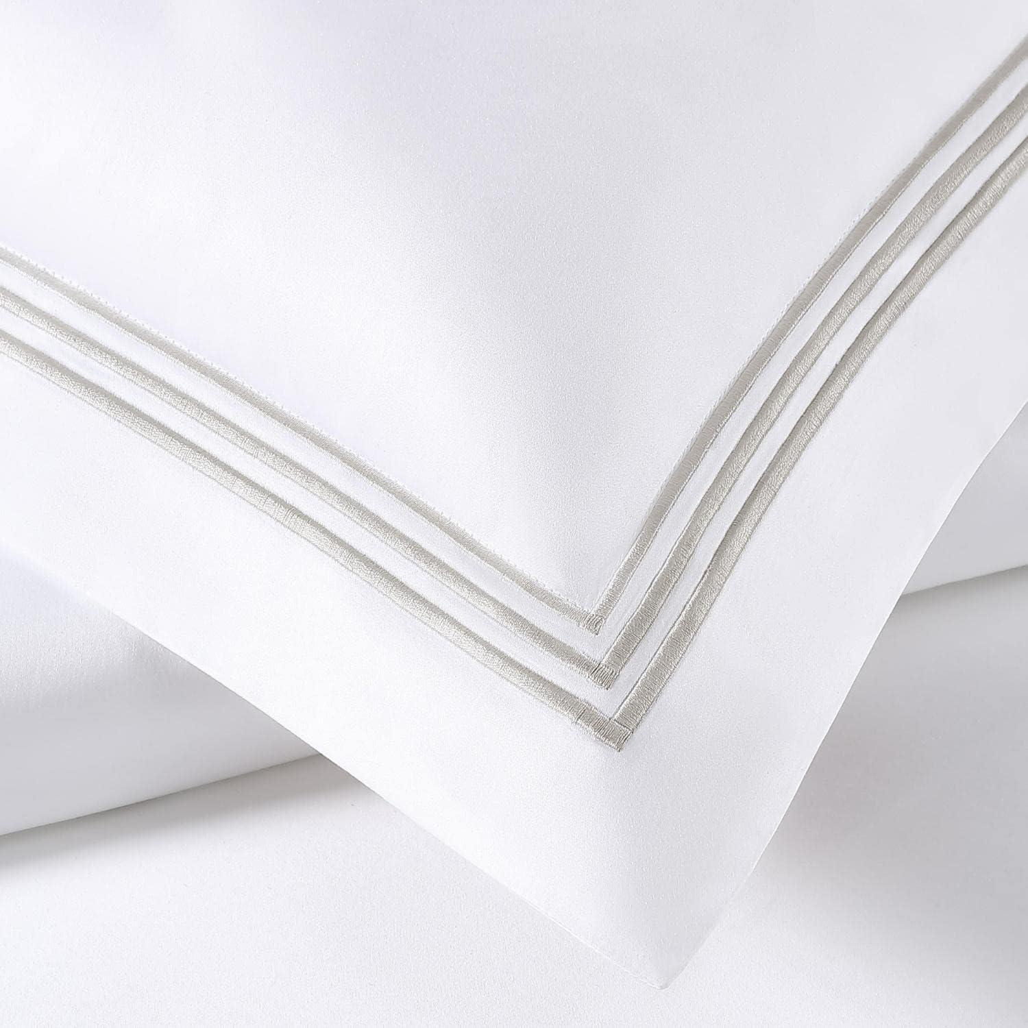 Queen White Cotton Sateen Duvet Cover Set with Embroidery