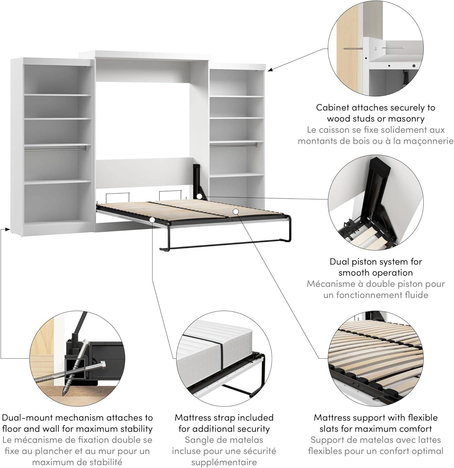 White Queen Upholstered Murphy Bed with Storage and Headboard