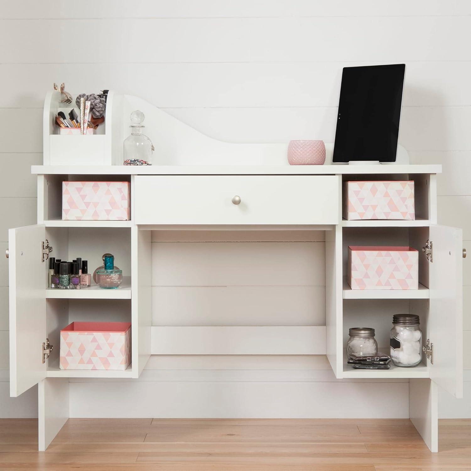 Vito Kids' Makeup Desk with Drawer Pure White/Pink - South Shore: Modern Vanity Table for Teens, Wood Laminate Frame