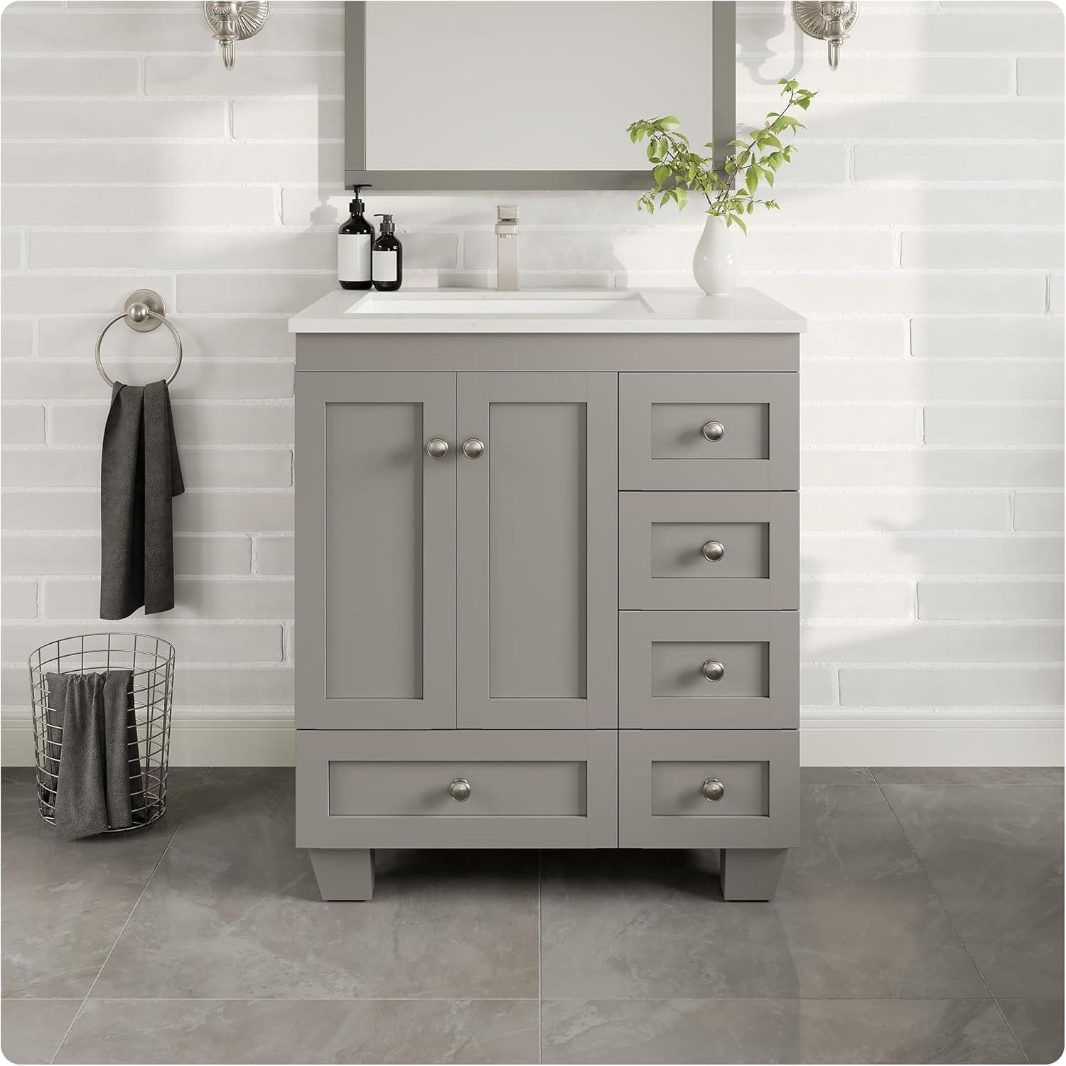 Eviva Happy 30" x 18" Transitional Gray Bathroom Vanity with White Carrara Marble Countertop