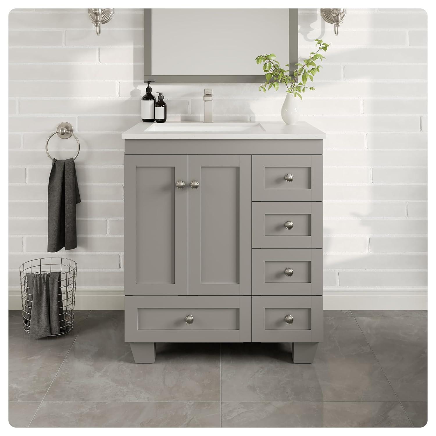 Eviva Happy 30" x 18" Transitional Gray Bathroom Vanity with White Carrara Marble Countertop