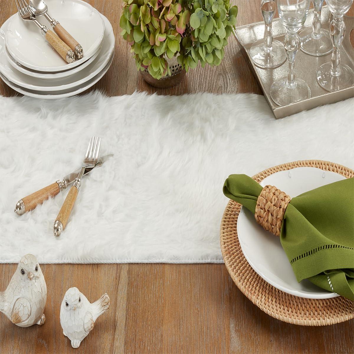 Saro Lifestyle Faux Fur Design Table Runner, 15"x54", White