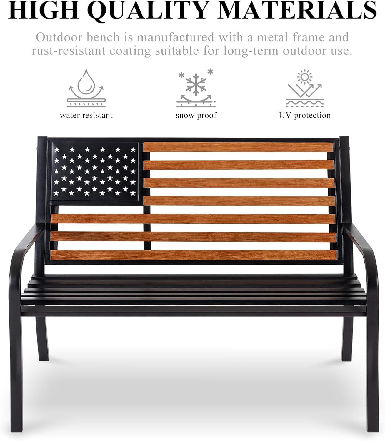 50" Outdoor Garden Bench, Cast Iron Metal Frame Patio and Porch Welcome Benches with Classic Americana Style Backrest and Weatherproof Seat, Park Decorative Memorial Bench (Black & Woodgrain Colors)