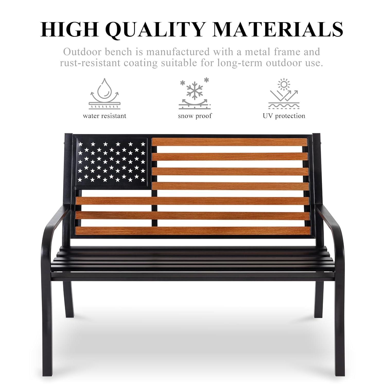50" Outdoor Garden Bench, Cast Iron Metal Frame Patio and Porch Welcome Benches with Classic Americana Style Backrest and Weatherproof Seat, Park Decorative Memorial Bench (Black & Woodgrain Colors)