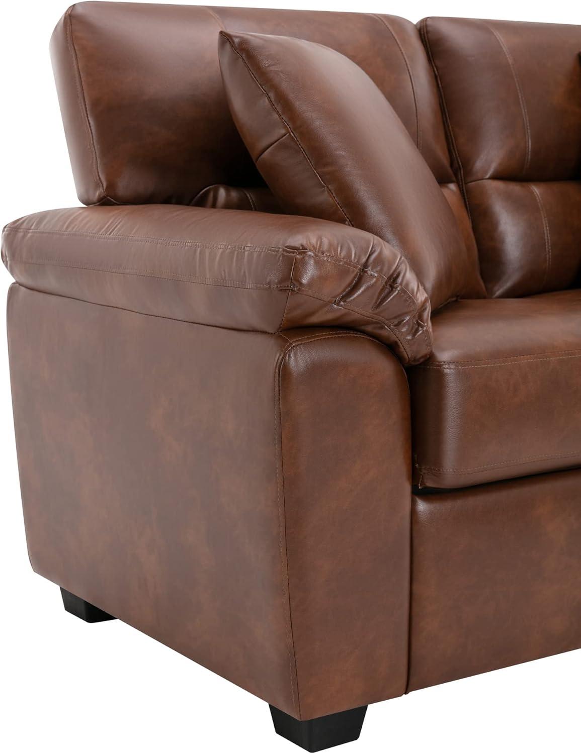 Brown Leather 3-Seat Flared Arm Sofa with Wood Frame