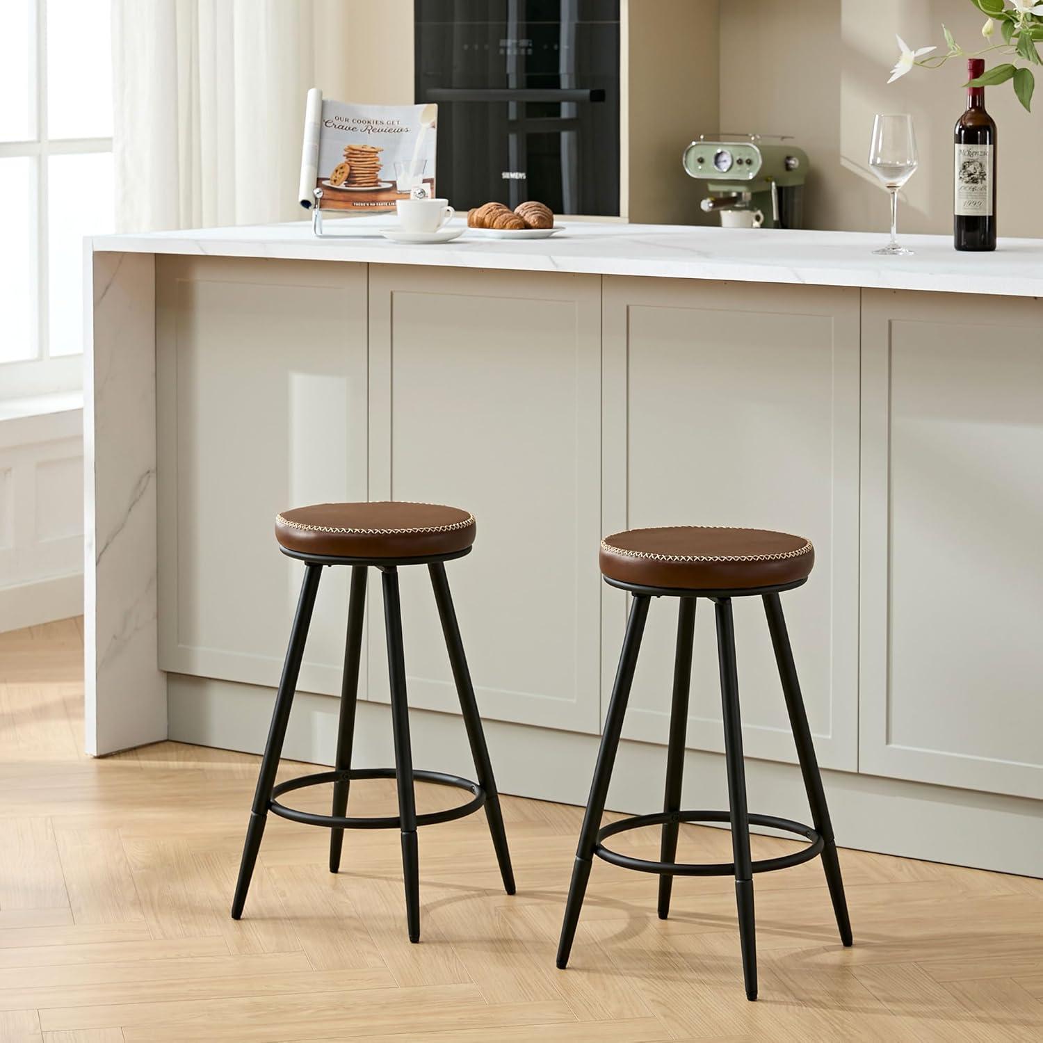 Adjustable Brown Faux Leather Saddle Bar Stools with Metal Legs