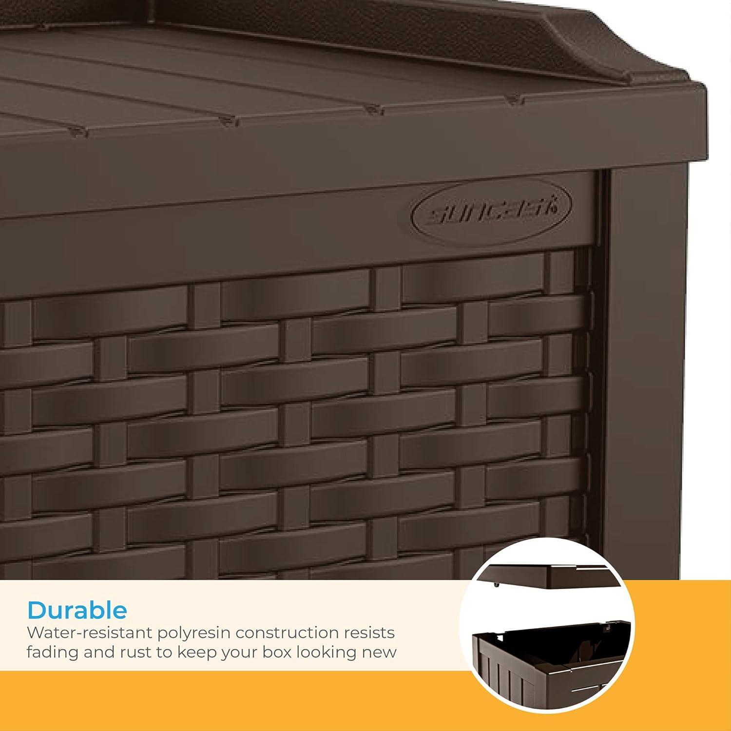Suncast Suncast Wicker 22 Gallon Water Resistant Resin Deck Box with Storage Seat in Java