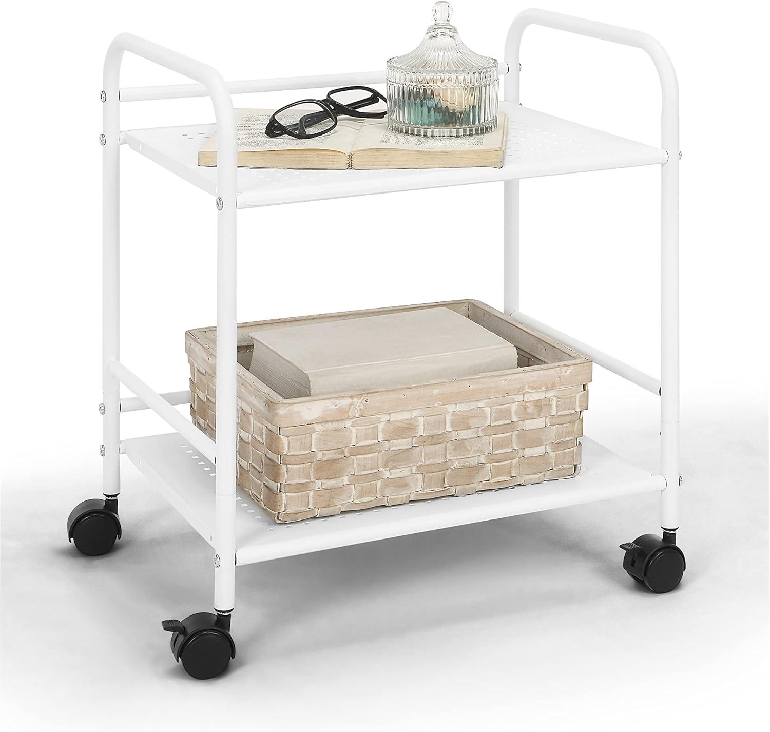 White Metal 2-Tier Minimalist Rolling Utility Shelf Cart