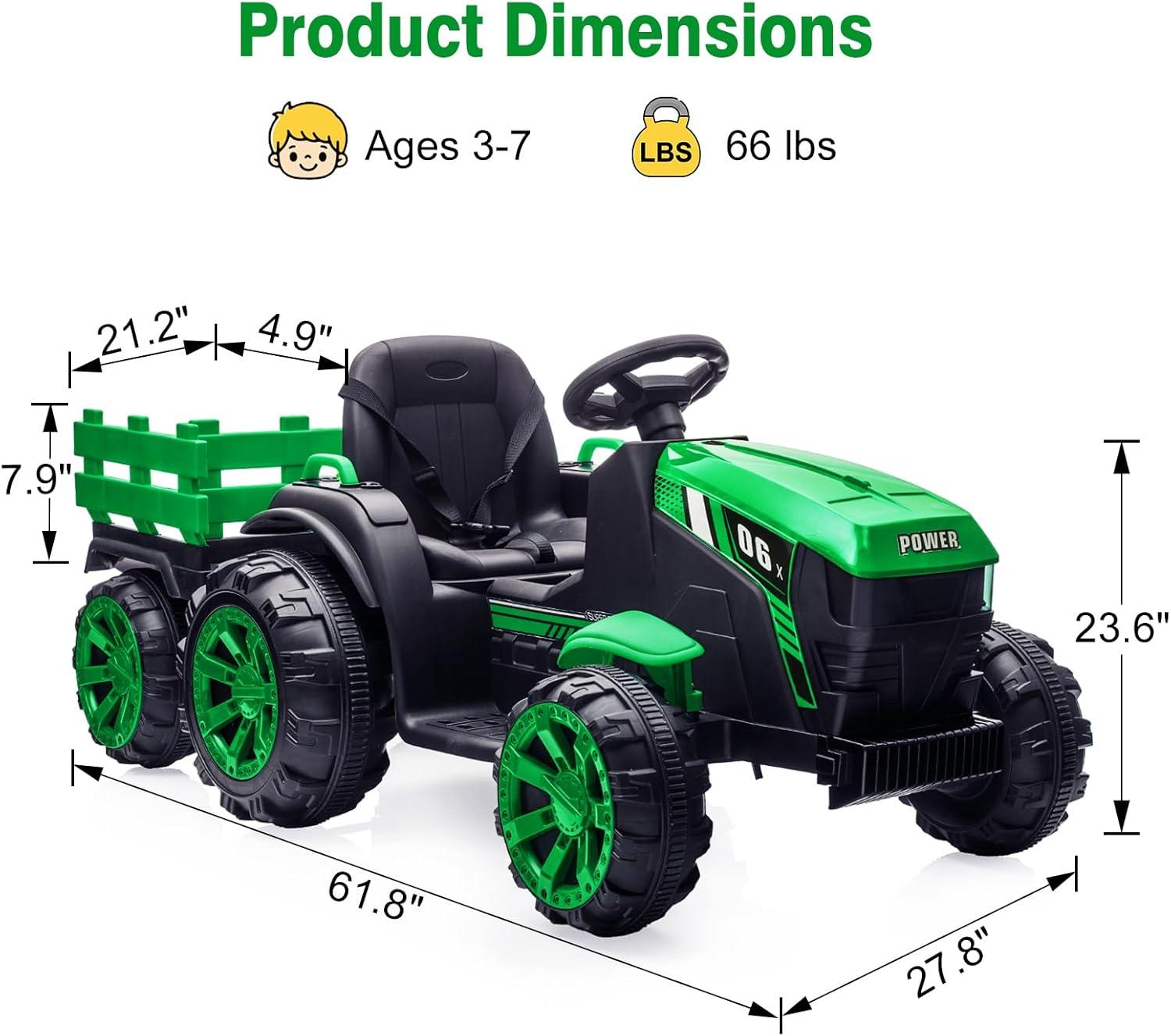 Jojoka Kids Ride On Tractor with Trailer, 12V Battery Powered Ride On Car with Remote Control, 2*35W Motors, 6 Wheels, LED Lights, Music, Electric Ride On Toys for 3-8 Years Boys & Girls, Green