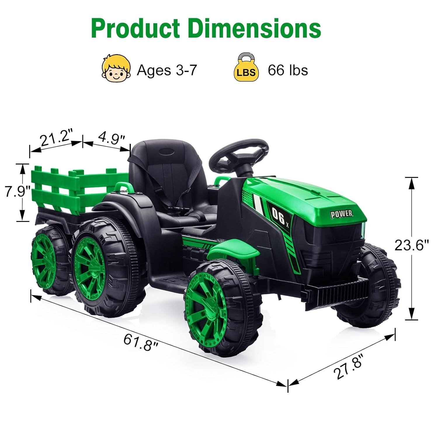 Yesurprise 12v Kids Ride On Tractor With Trailer Battery Powered Electric Vehicles Toy With 35w Dual Motor Remote Control 6 Wheels Led Lights Music