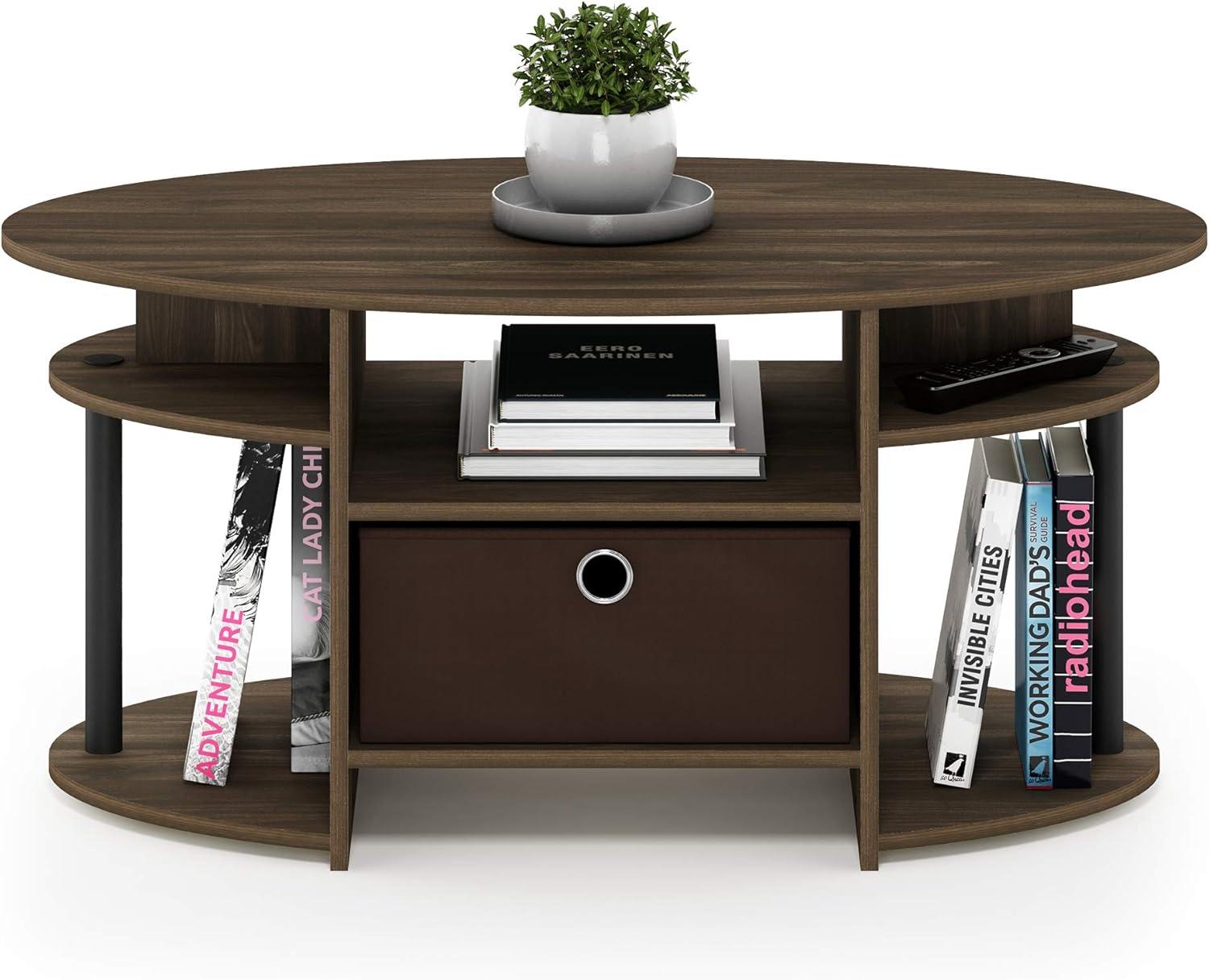Furinno JAYA Simple Design Oval Coffee Table with Bin, Columbia Walnut/Black/Dark Brown