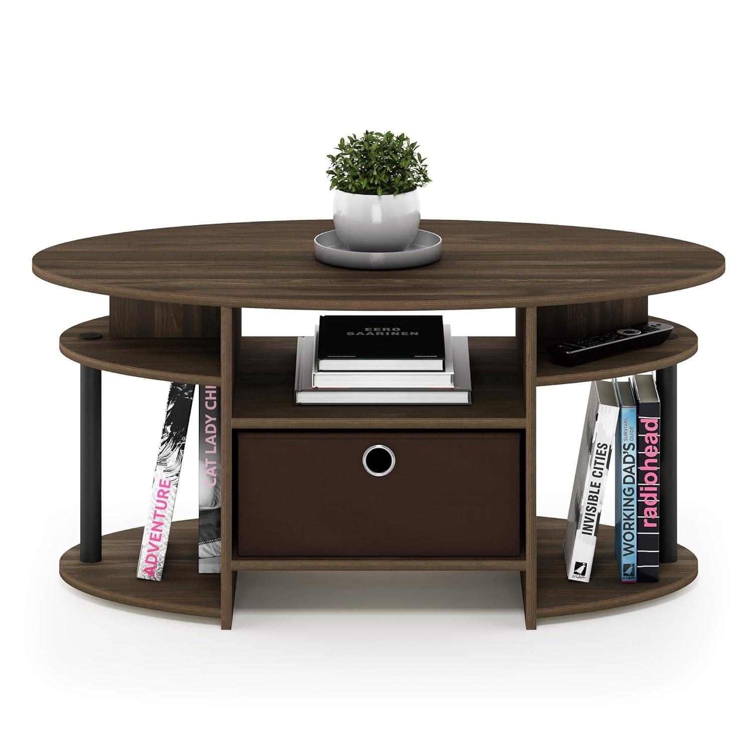 Furinno JAYA Simple Design Oval Coffee Table with Bin, Columbia Walnut/Black/Dark Brown