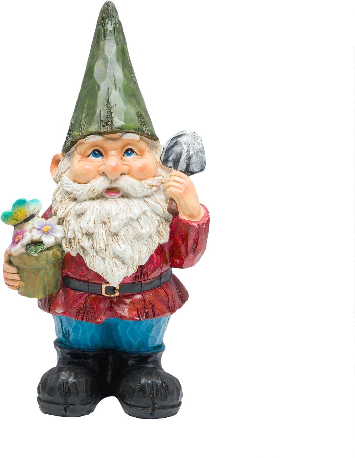 12" Polyresin Gnome With Flower Pot Statue - Alpine Corporation: Outdoor Decorative Sculpture for Patio & Garden