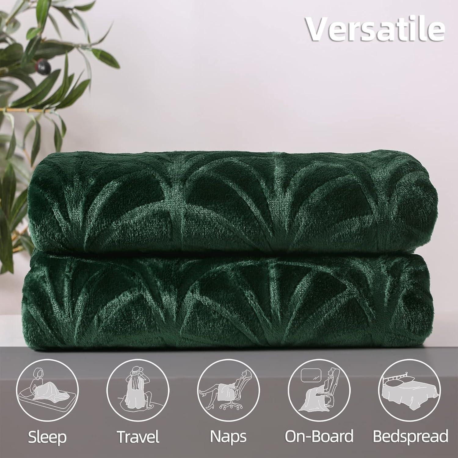 Whale Flotilla Flannel Fleece Queen Size(90x90 Inch) Lightweight Bed Blanket, Soft Velvet Bedspread Plush Fluffy Coverlet Palm Leaf Design Decorative Blanket for All Seasons, Dark Green…