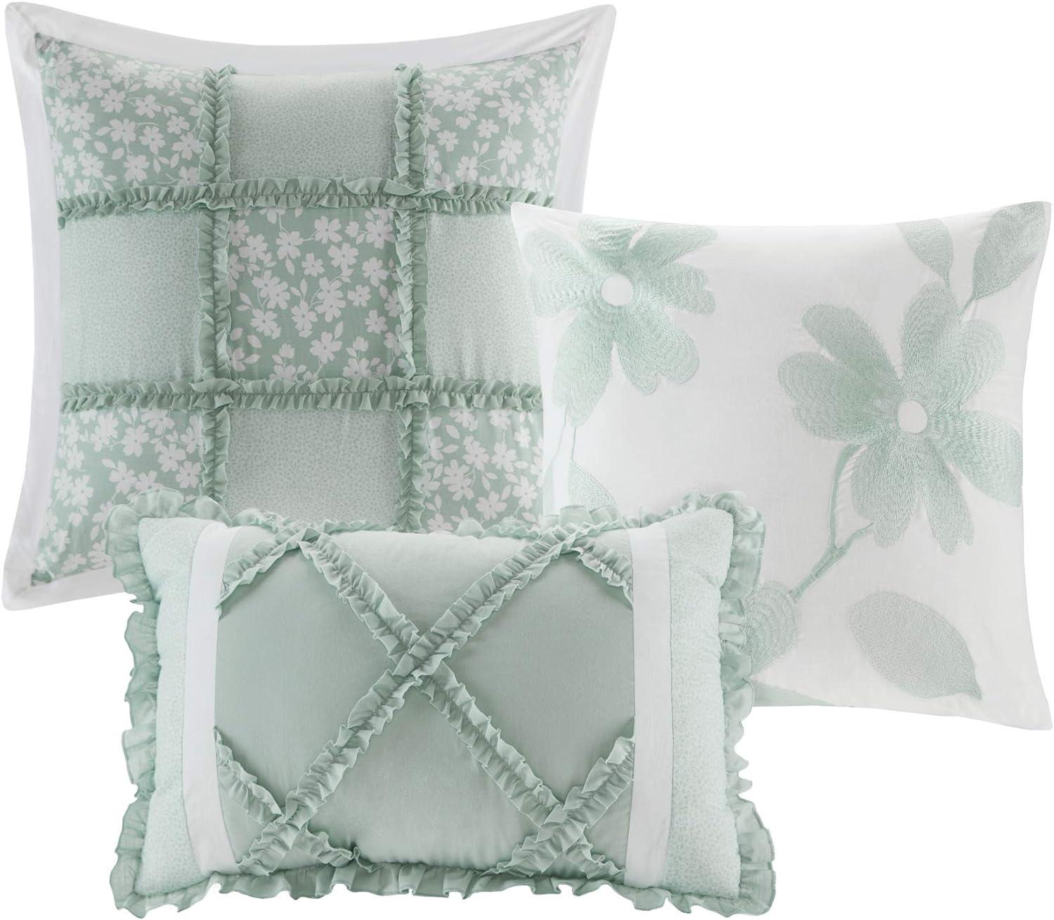 Seafoam Green Cotton Queen Comforter Set with Decorative Pillows